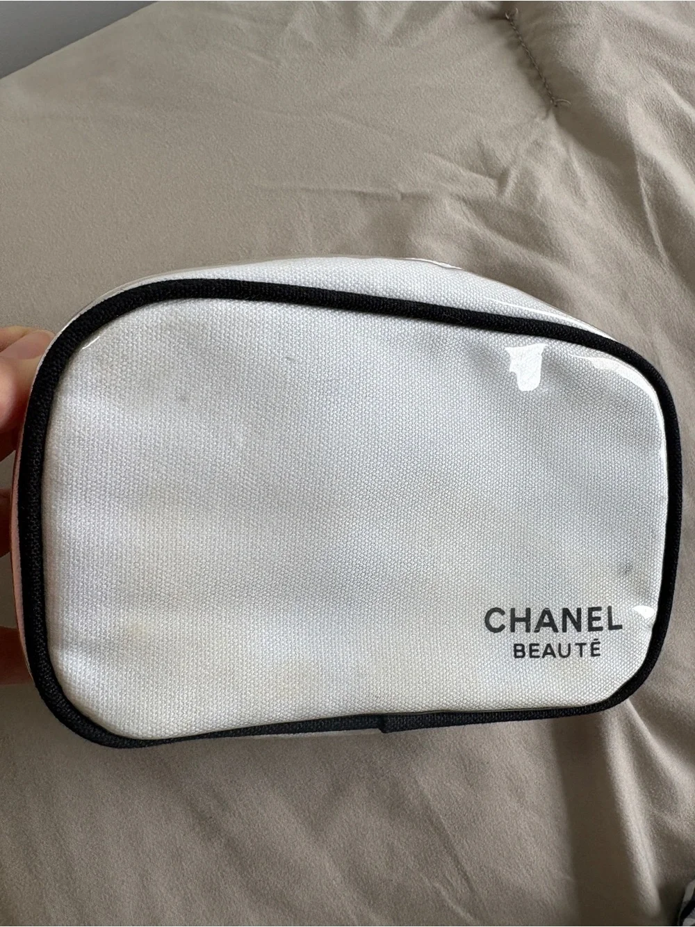CHANEL Beauté White Cosmetic Pouch with Black Trim